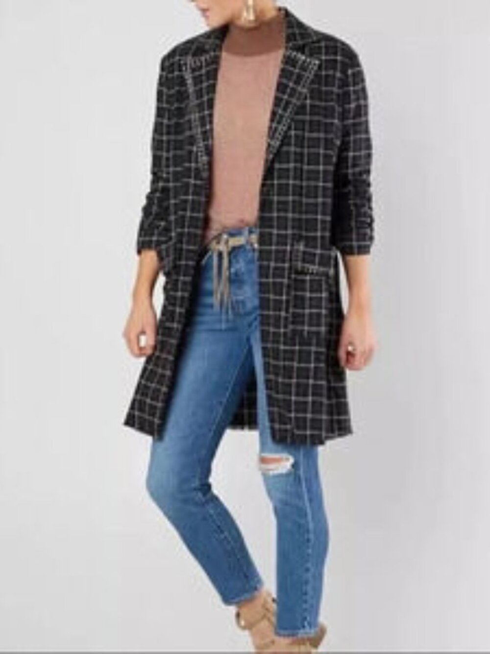 Gimmicks by BKE Plaid Flannel Studded Oversized Boho Cotton Duster Blazer size M